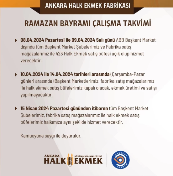 Ankara Halk Ekmek'ten Bayram Çalışma Saatleri Duyurusu!